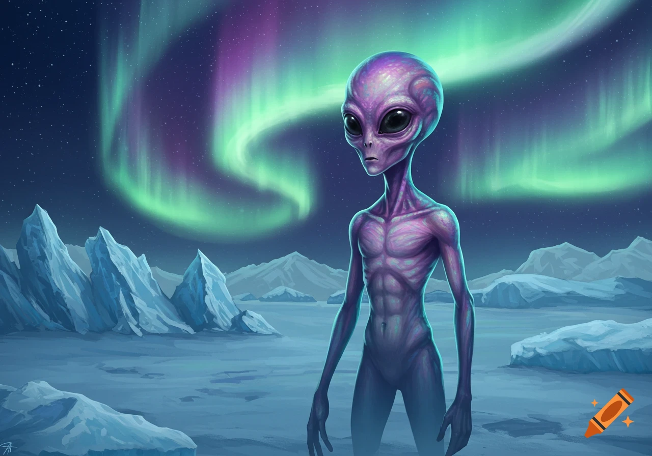 A purple alien stands in an icy landscape under a green and purple aurora.