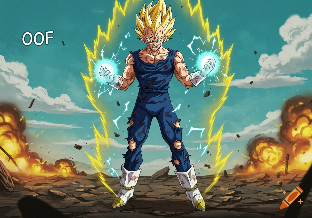 Anime art of Majin Vegeta powering up amidst explosions with text OOF in the sky.