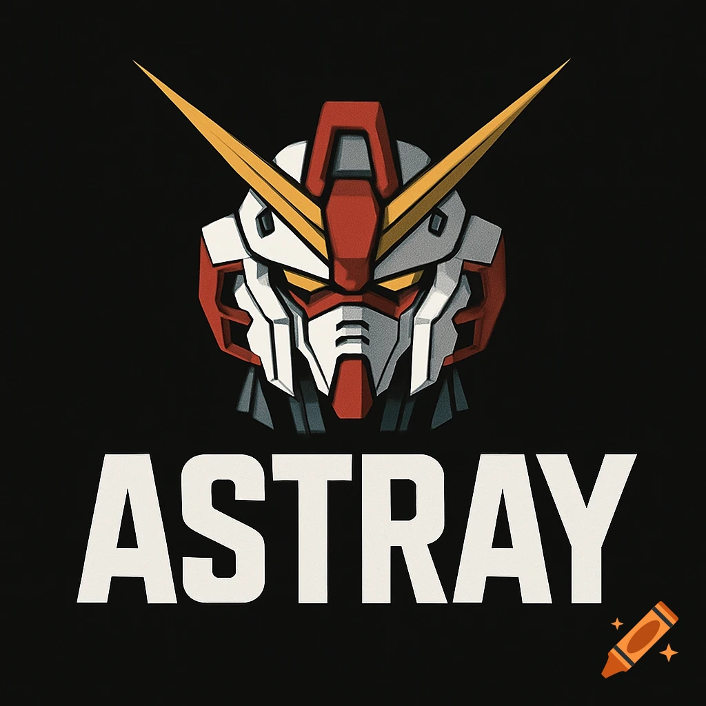 Logo featuring a stylized red and white robot head in Gundam style above the white text "ASTRAY" on a black background.