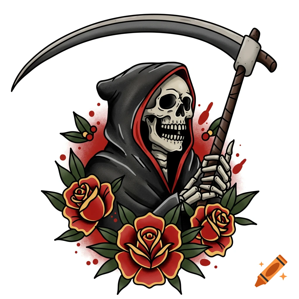 American traditional tattoo style illustration of a skeleton Grim Reaper holding a scythe, surrounded by red roses.