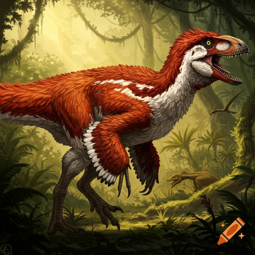A feathered Yutyrannus dinosaur standing in a lush prehistoric jungle.