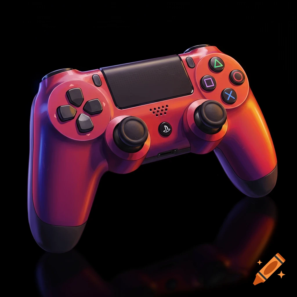 A red and purple gaming controller on a black background.