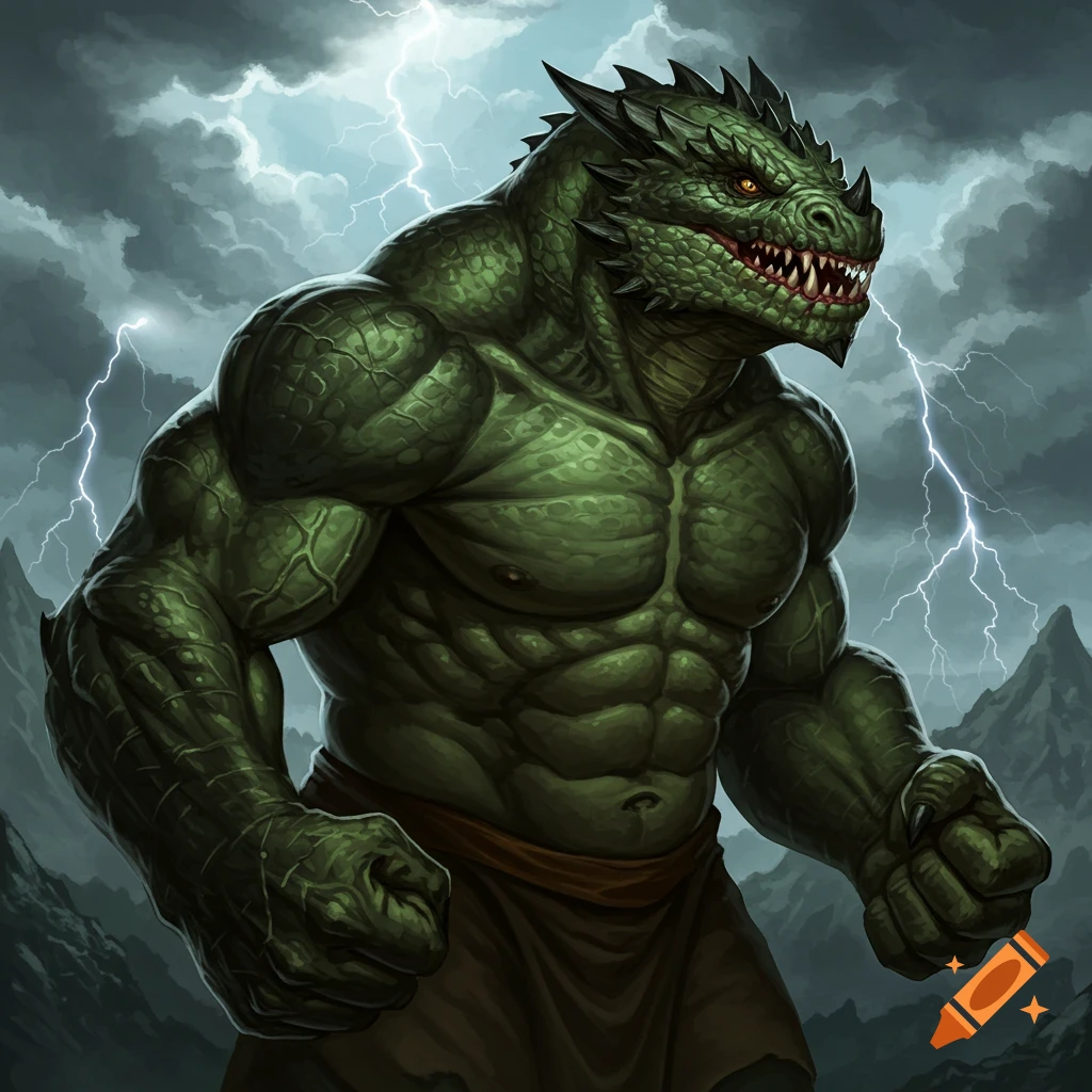 Green dragon-like brute creature standing in mountains under stormy sky with lightning.