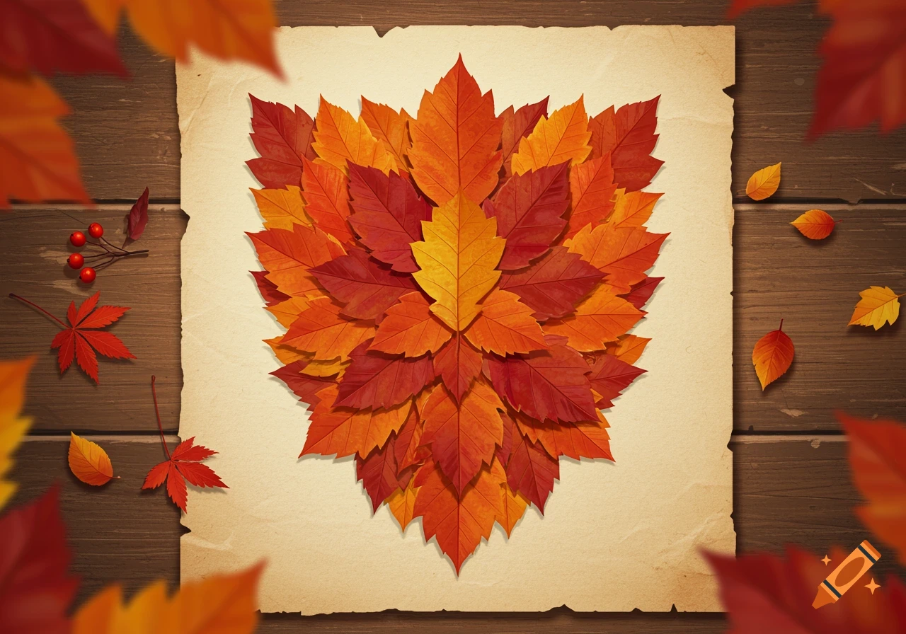 A shield shape made from red, orange, and yellow autumn leaves on a piece of paper on a wooden surface.