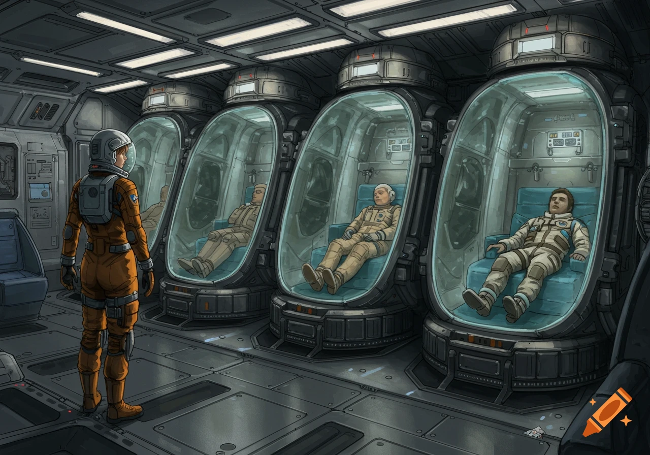 An astronaut stands in a spaceship chamber, observing four stasis pods containing people.