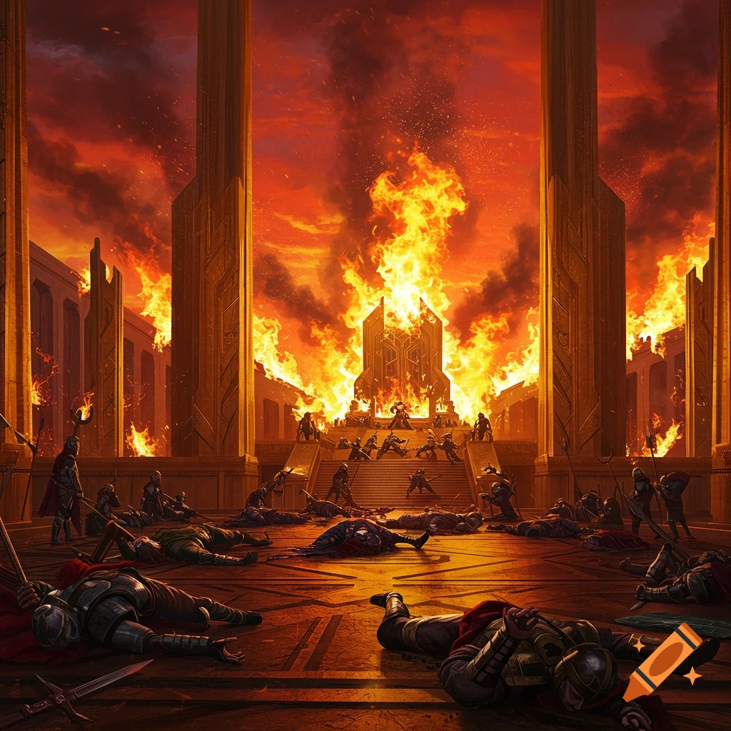 A grand fantasy building is engulfed in flames, with fallen warriors lying on the ground.