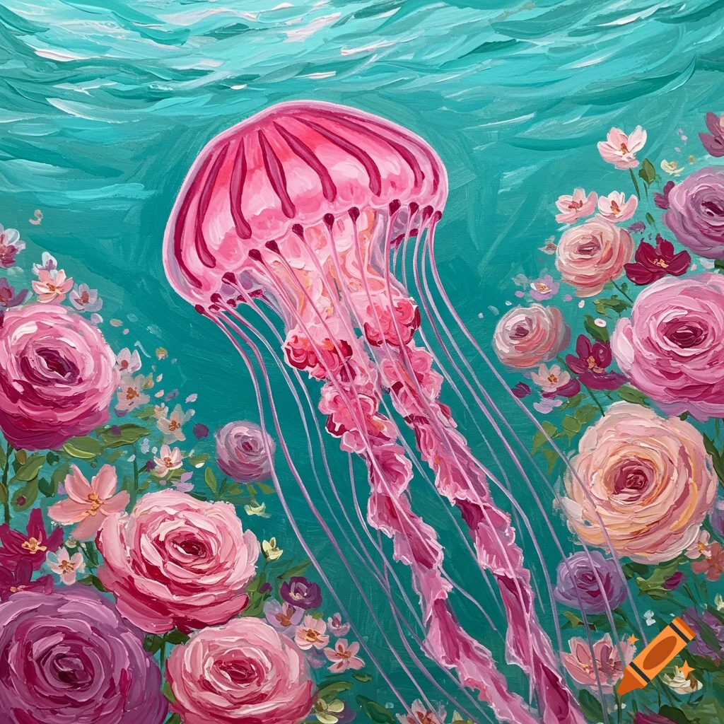 Pink jellyfish painting surrounded by pink and purple flowers underwater.