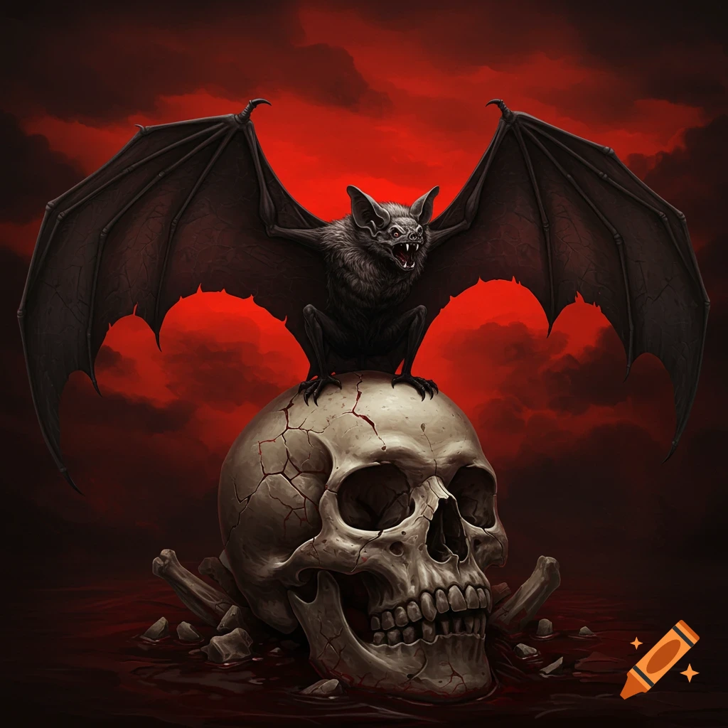A bat perched on a cracked skull against a red sky