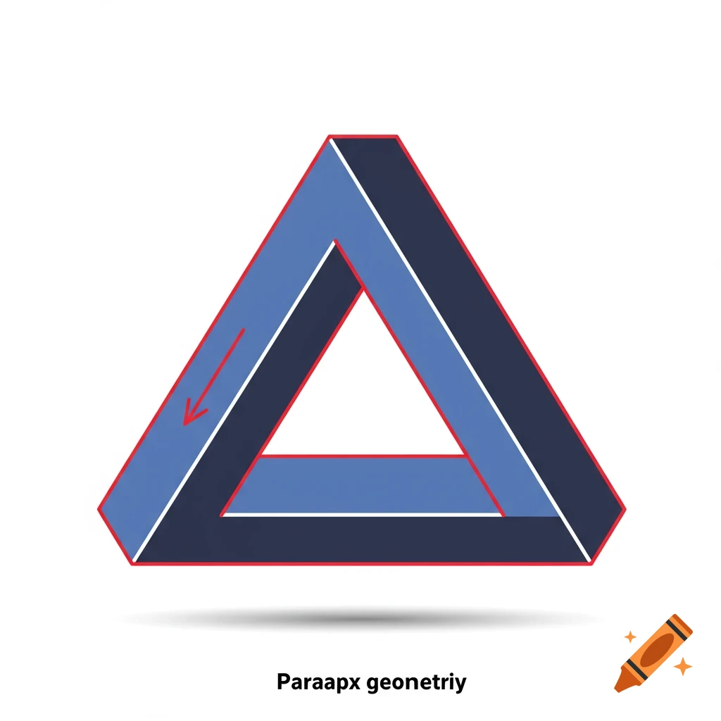 An illustration of a blue and dark blue Penrose triangle (impossible object) with a red border and a red arrow pointing along one side.