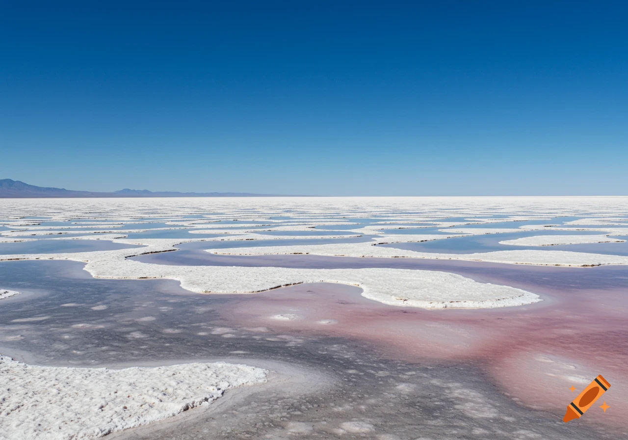 Panoramic view of a white salt desert with pools of blue, gray, and pink water under a clear blue sky.