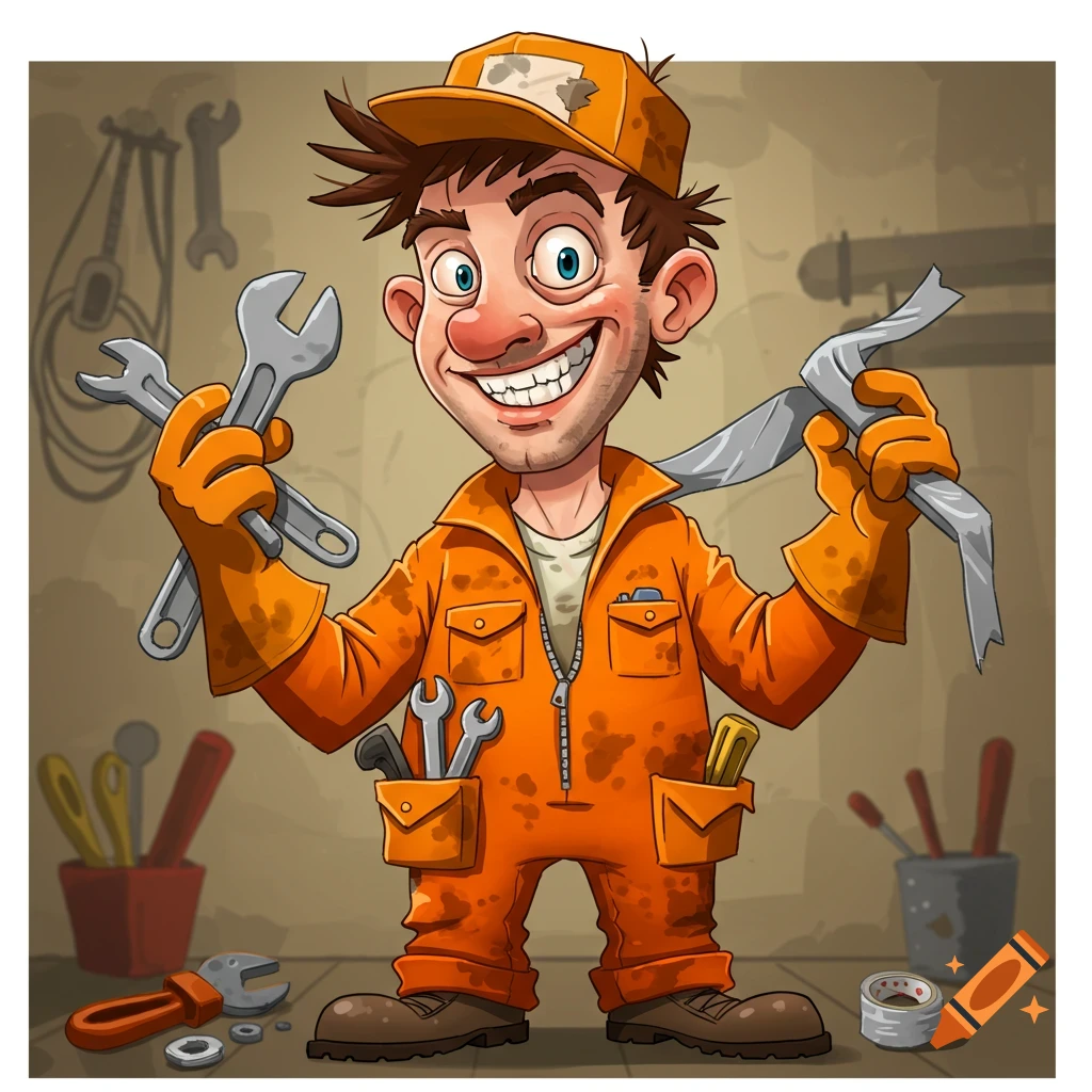 Cartoon maintenance man in orange jumpsuit holding wrenches and bent metal, smiling