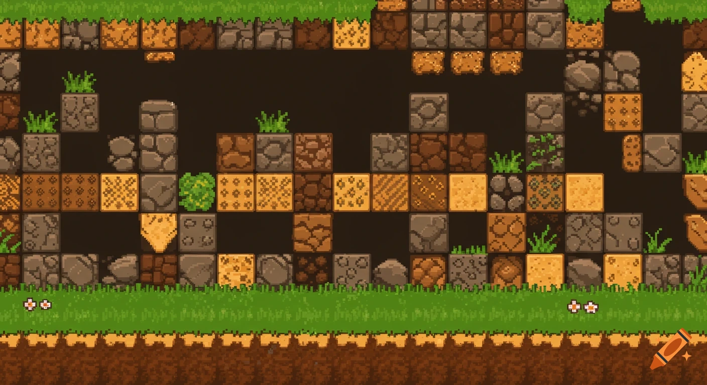 Pixel art ground tiles and blocks for a 2D platformer game.