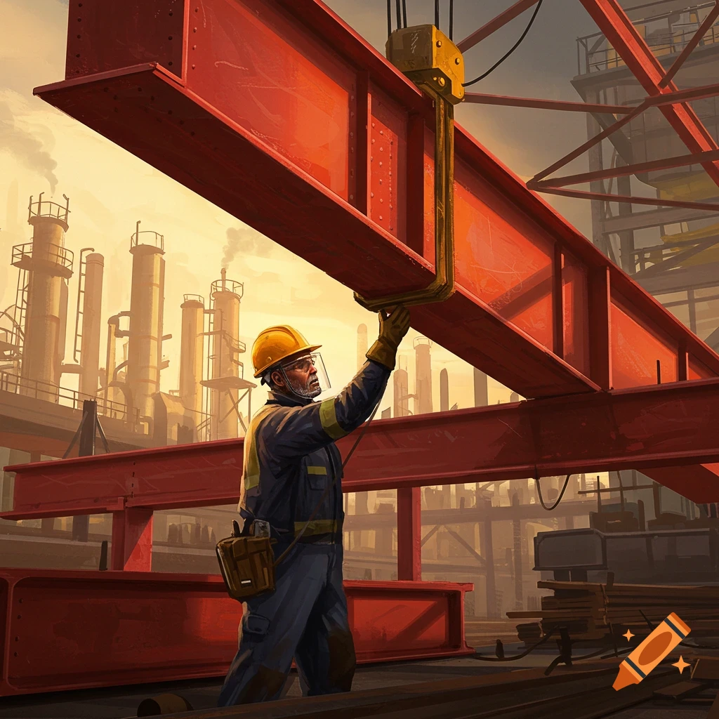 A steel worker in a hard hat and safety glasses guiding a large red I-beam at a construction site.