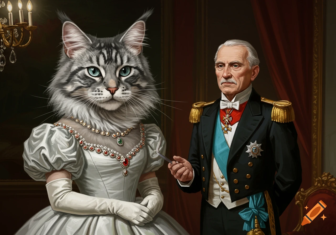 A historical portrait painting of a Maine Coon cat in a ballgown and a man in military uniform.