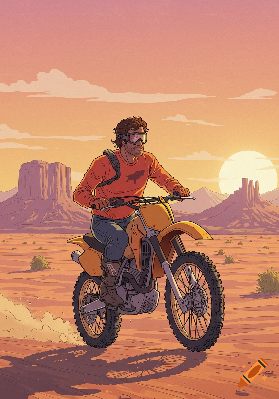 A man riding a dirt bike in a desert at sunset