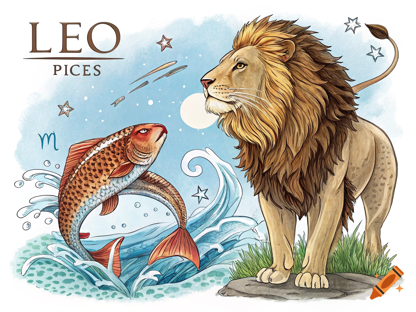 Illustration of a lion and a fish beneath stars and a moon, with the text 'LEO PICES'.