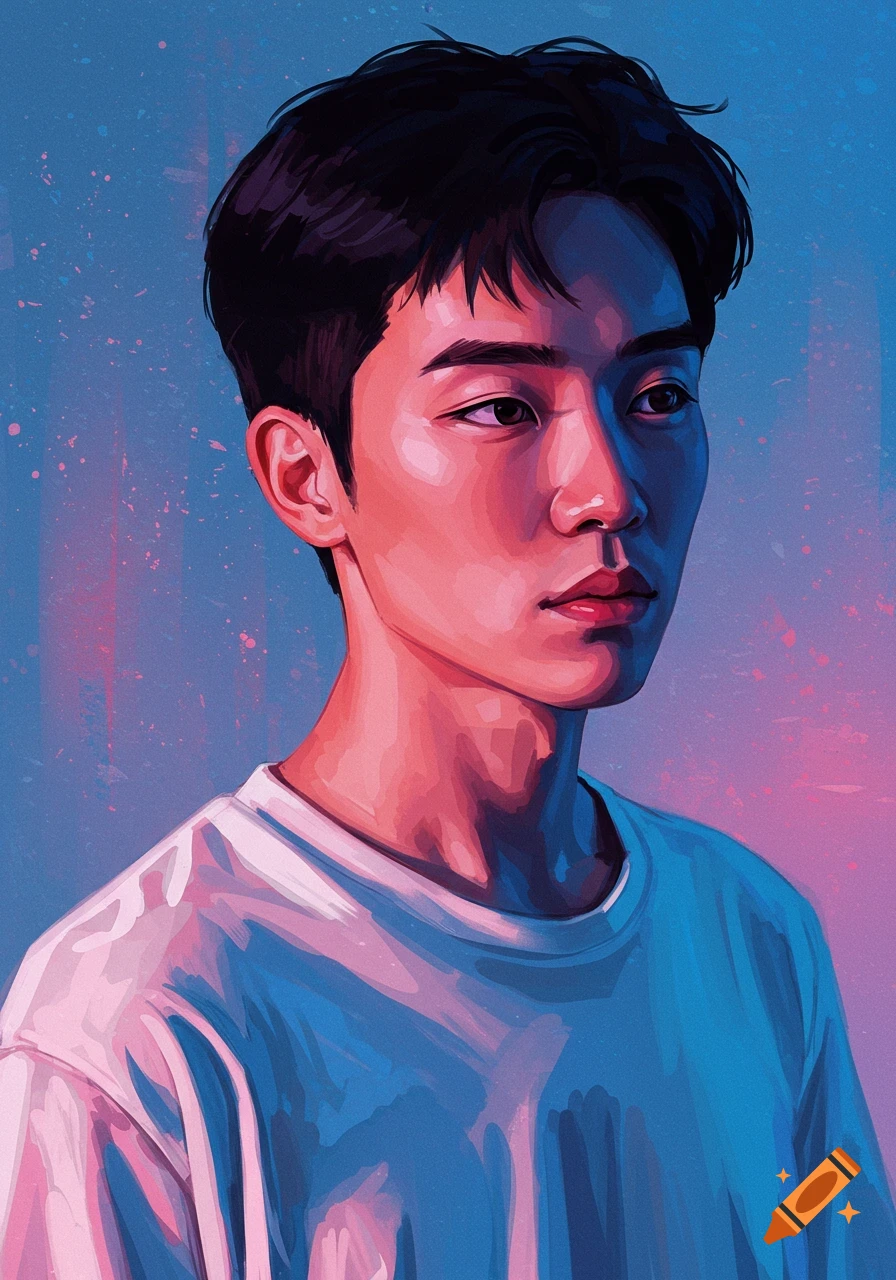 A young man in profile with pink and blue lighting.