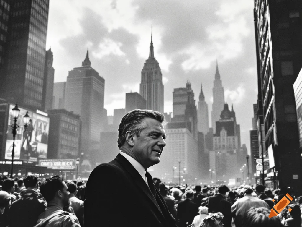 Black and white photo of a man in a suit in a crowded 1950s New York City street with skyscrapers.
