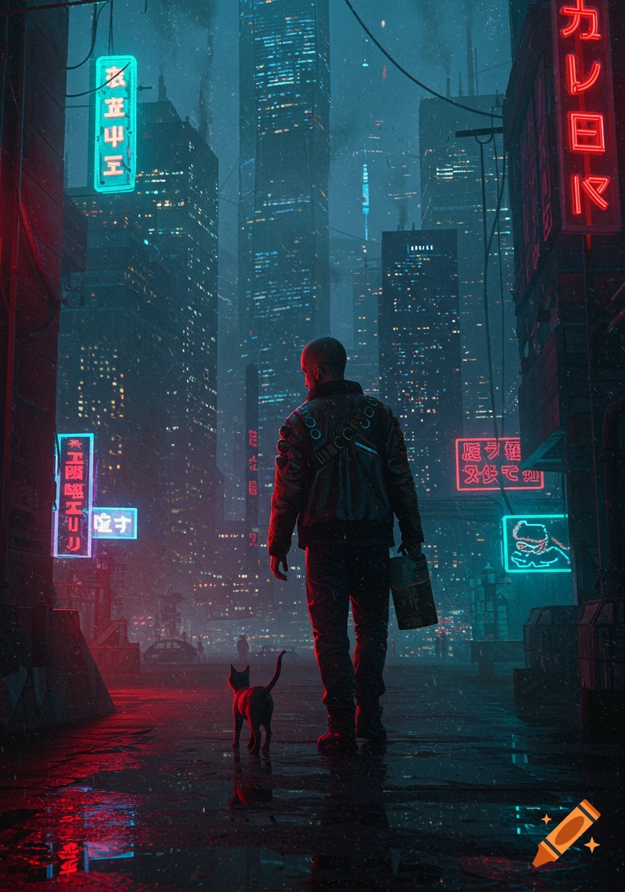 A man and a black cat walking in a polluted, rain-slicked cyberpunk city street with neon signs.