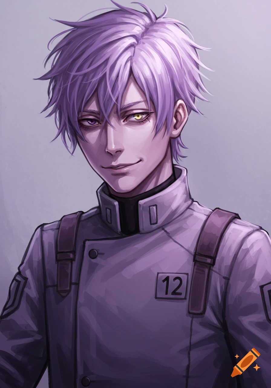 Anime-style portrait of a male character with purple hair and mismatched eyes, wearing a uniform with '12' on the chest.