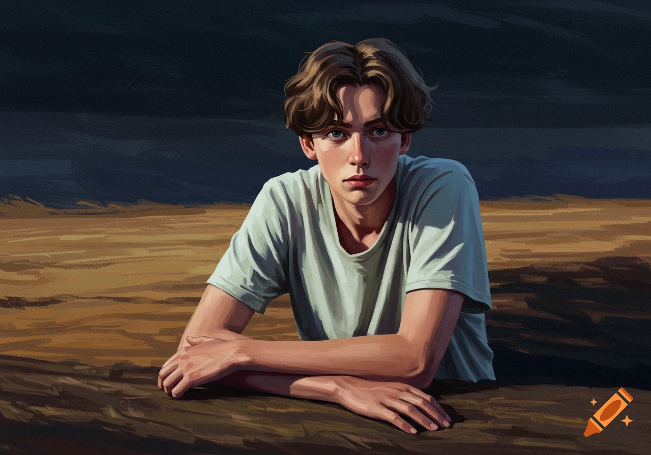 Painterly illustration of a young man looking intensely with arms crossed.