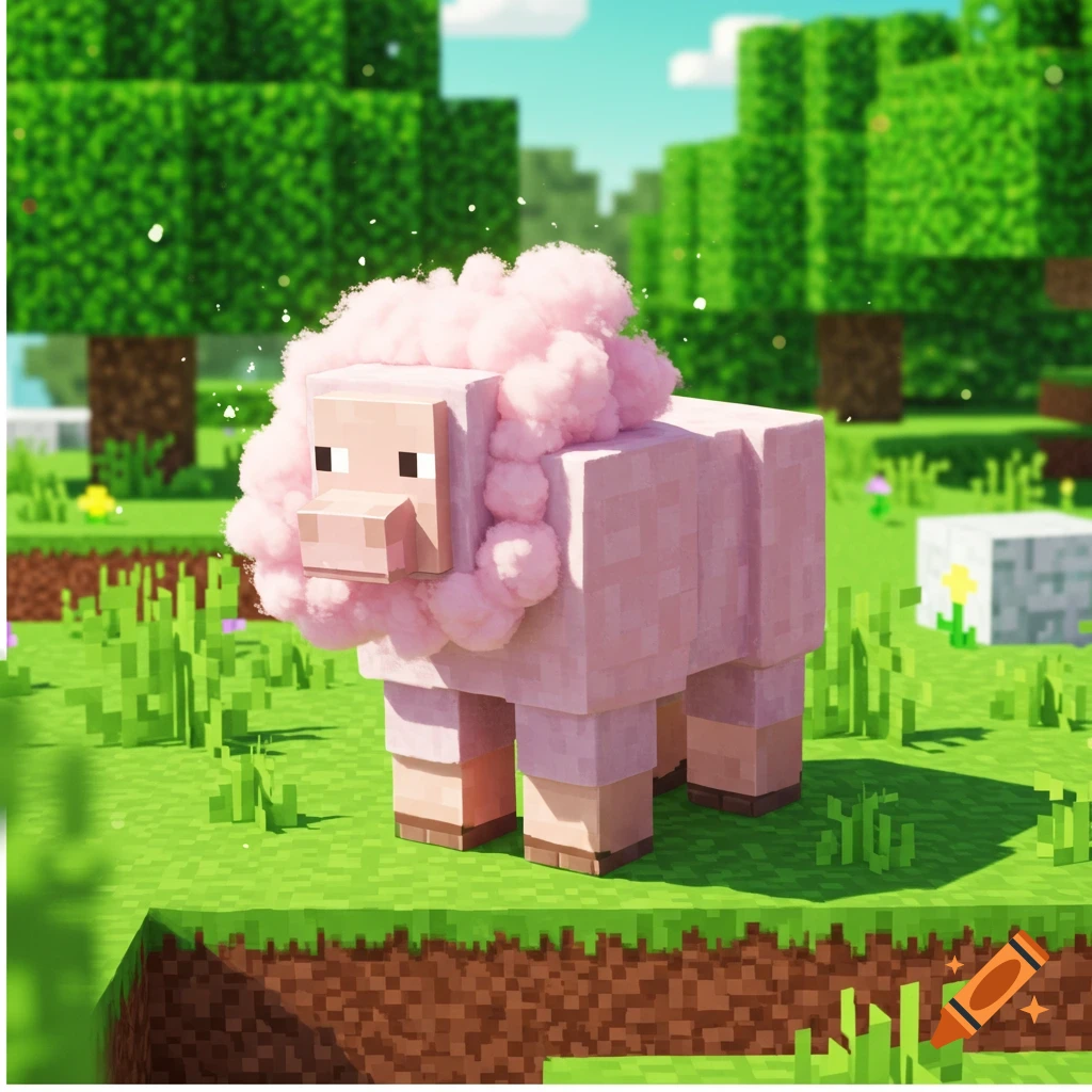 A pink Minecraft sheep stands in a grassy field with trees in the background, in a digital painting style.
