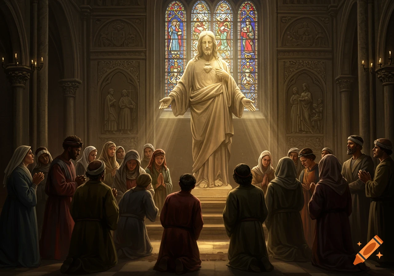 A large statue of Jesus with people praying before it in a church with stained glass windows.