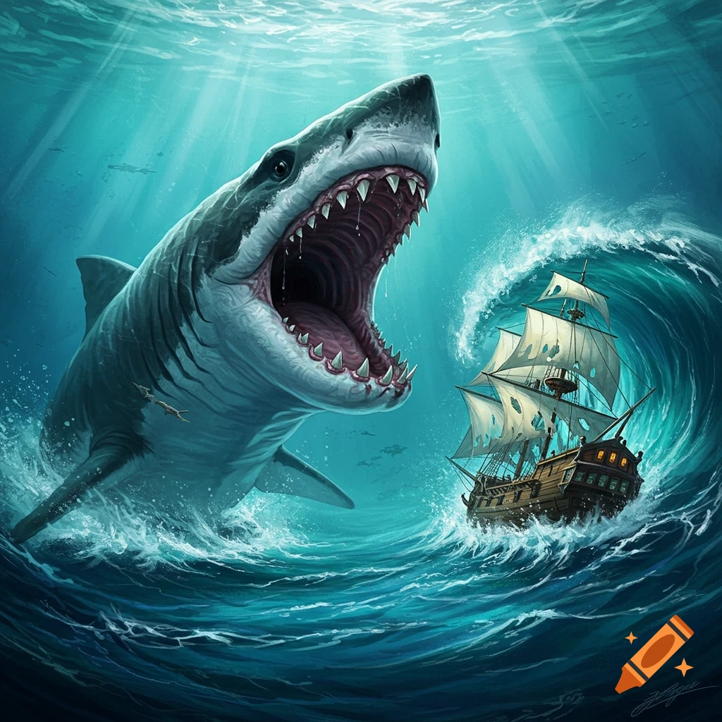 Illustration of a giant shark with its mouth open lunging at a wooden ship in a stormy ocean.