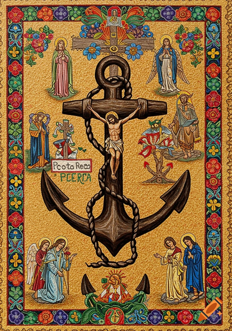 A large anchor with Christ on the cross, surrounded by religious figures and floral borders.
