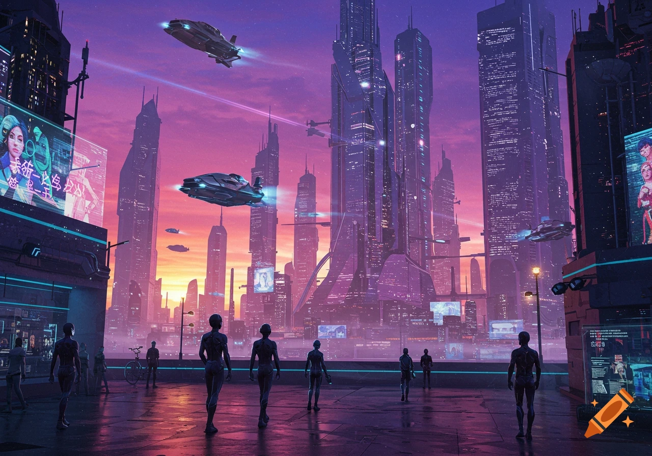 A futuristic city at sunset, featuring towering buildings, flying vehicles, and people gathered on a platform.