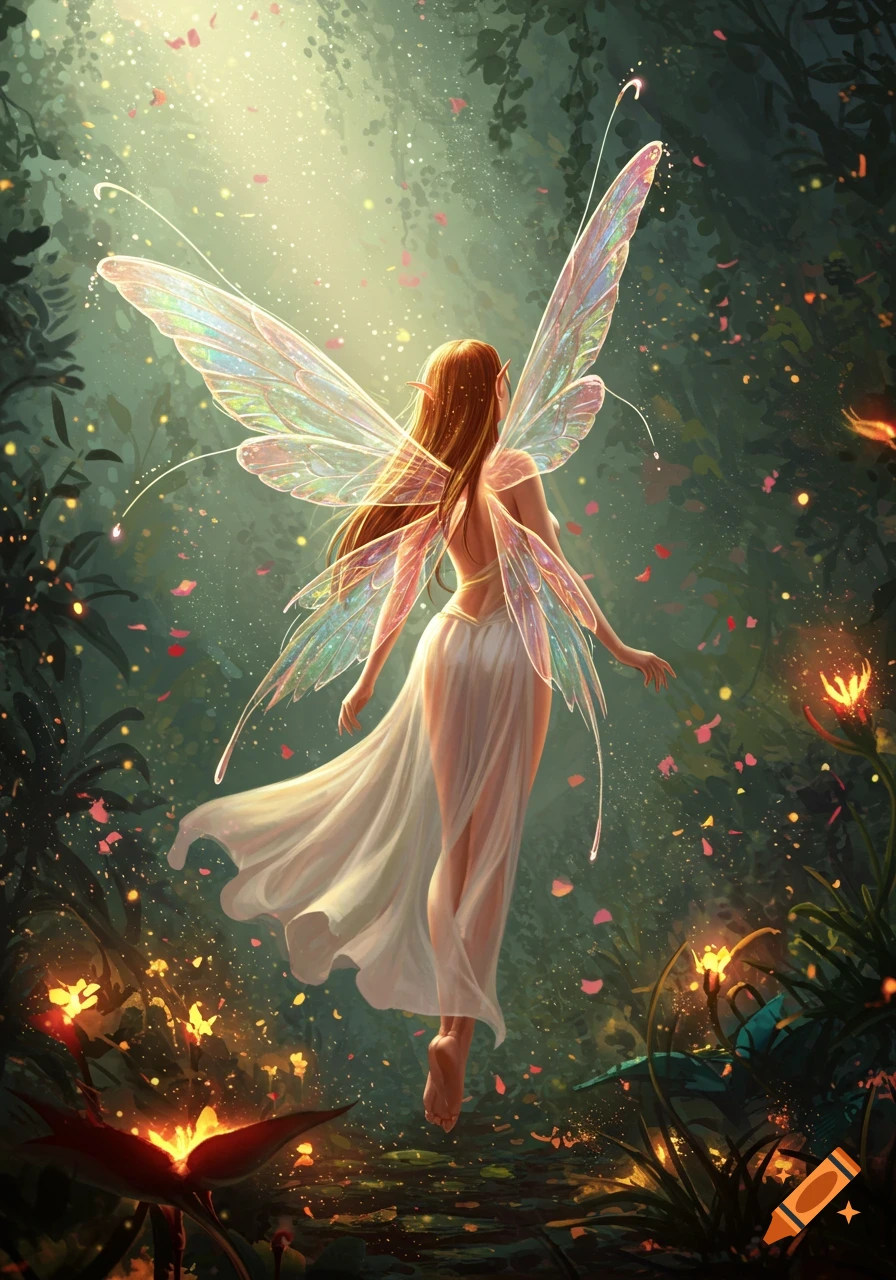Fairy with iridescent wings floating in an enchanted forest
