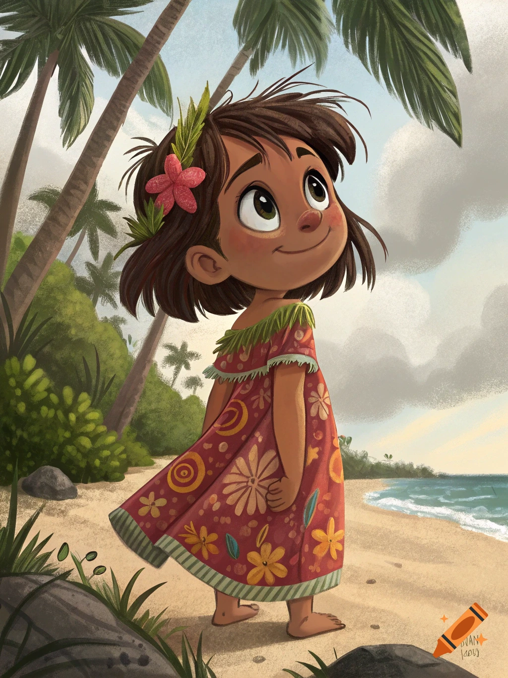 Cartoon illustration of a young girl on a tropical beach.