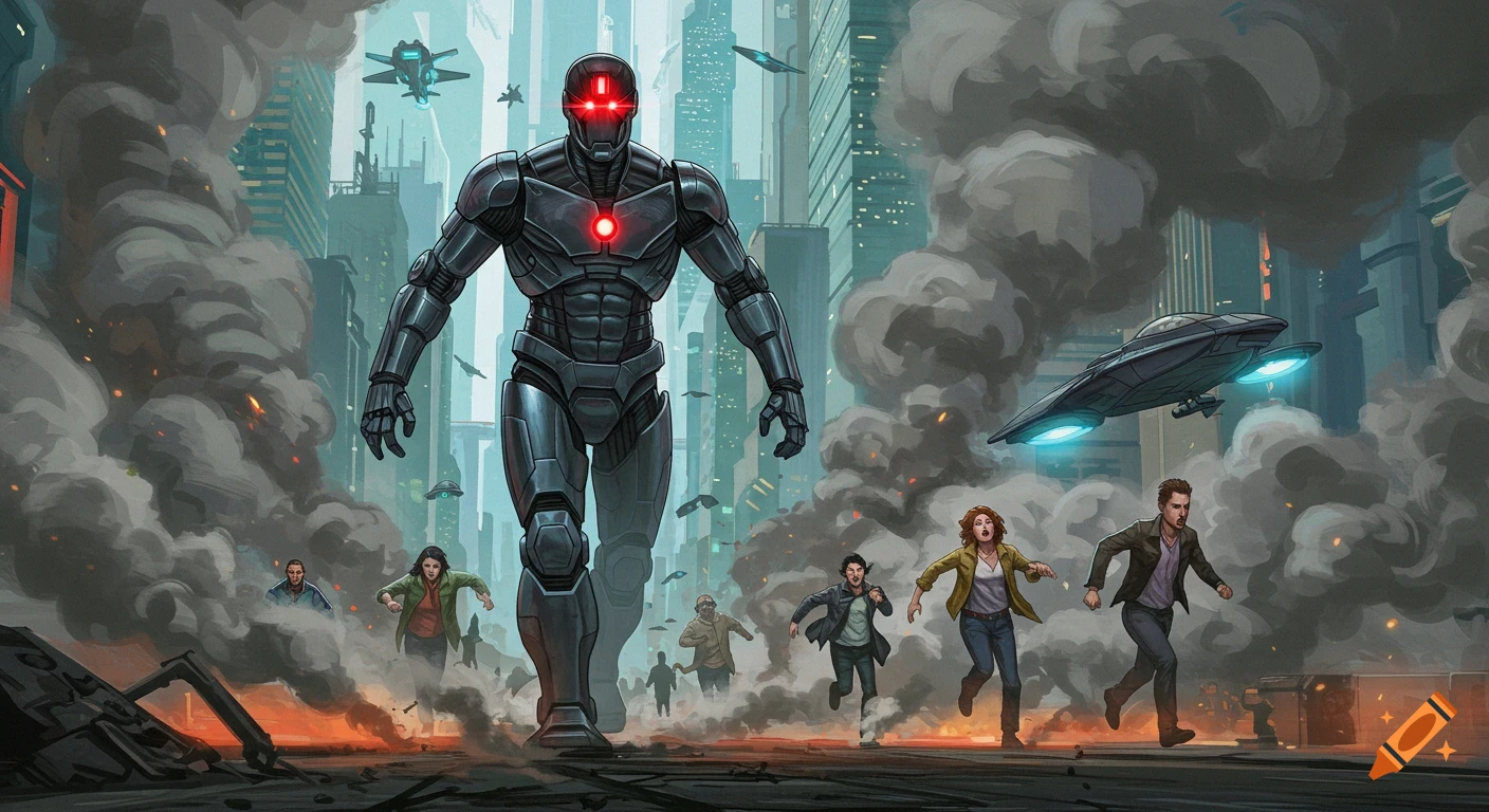 A large robot walks through a smoky city while people flee and a spaceship flies overhead.