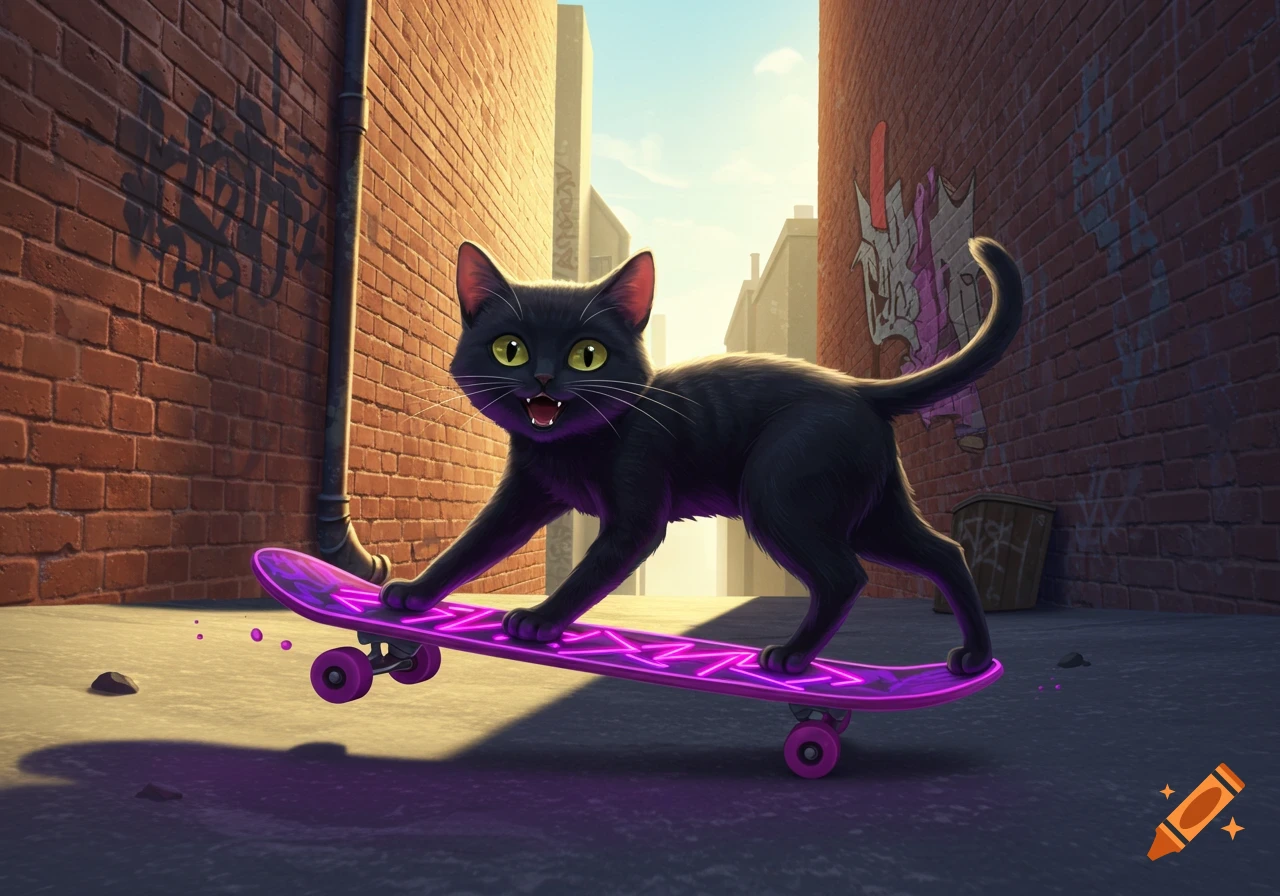 a black cat skateboarding in an urban alleyway.