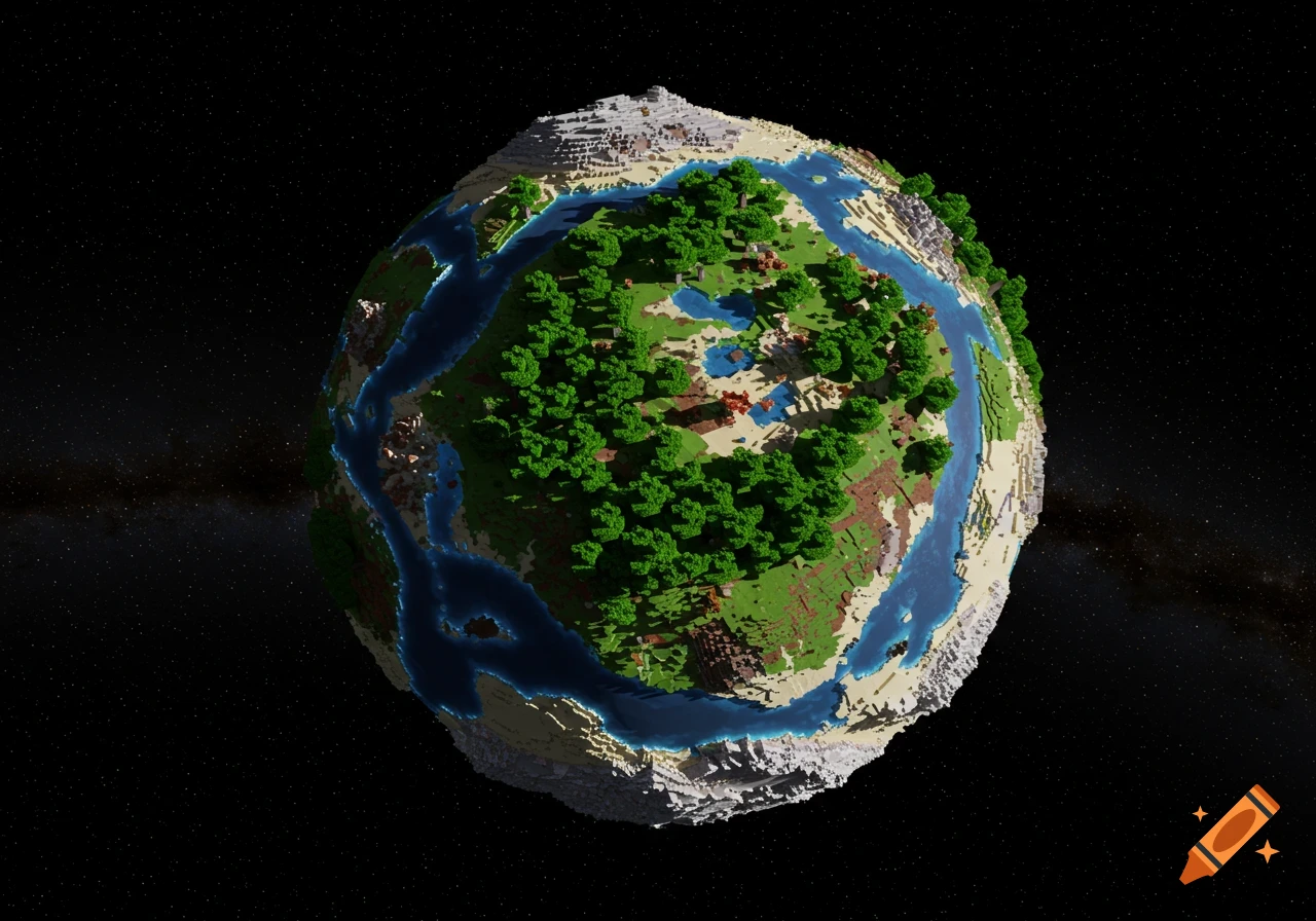 A cubed Minecraft-style planet floating in space, showing diverse biomes and structures on its surface.