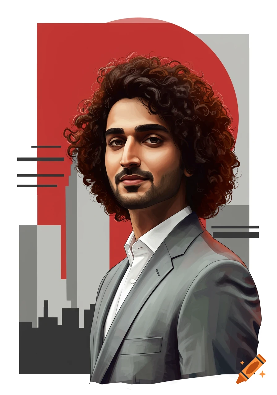 Digital portrait of a man with curly hair in a gray suit against a red and gray stylized background.