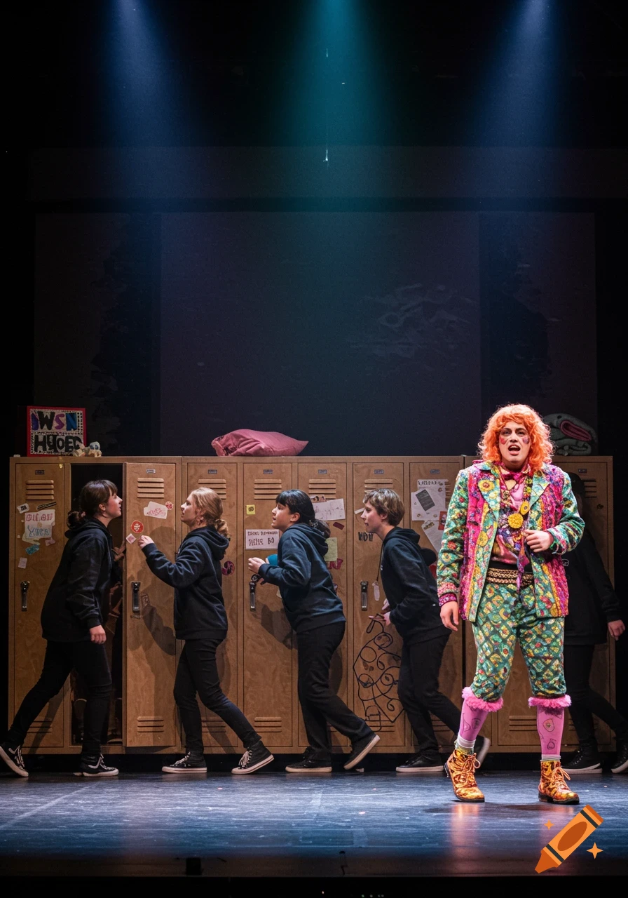 A stage scene depicts actors by school lockers, one in a brightly colored costume.