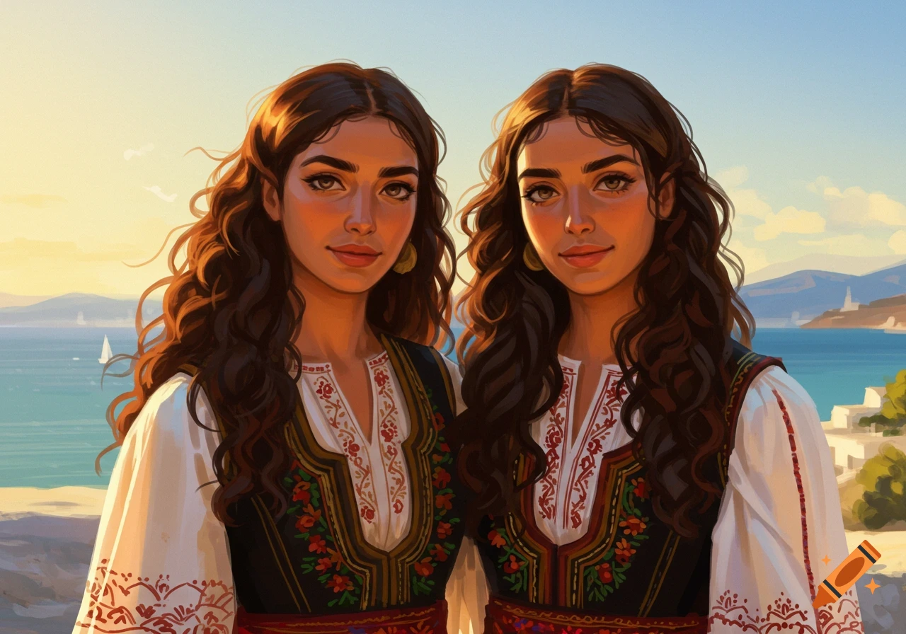 Two women in traditional clothing on a coast at sunset.