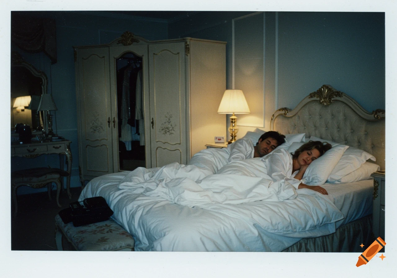 1990s polaroid photo of a man and woman sleeping in a bed in a bedroom.