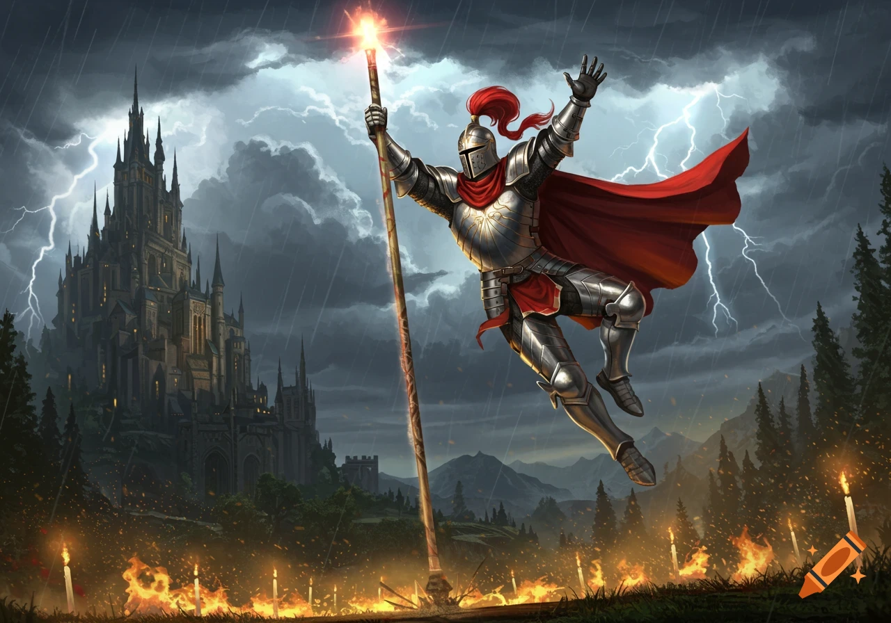 A knight leaping with a staff in front of a castle during a lightning storm.