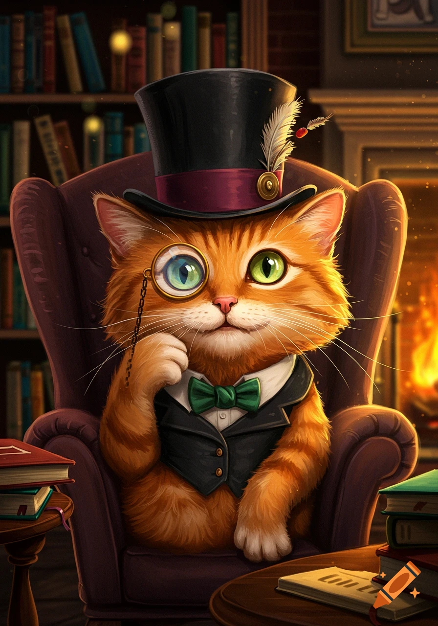 An anthropomorphic ginger cat in a top hat and monocle sits in an armchair by a fireplace and bookshelf.