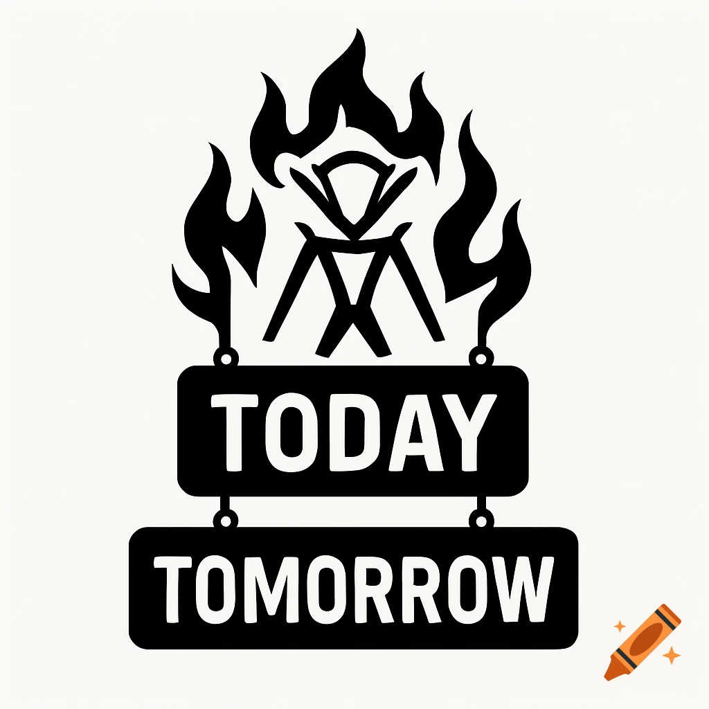 Black and white illustration of a fire symbol above signs reading TODAY and TOMORROW.