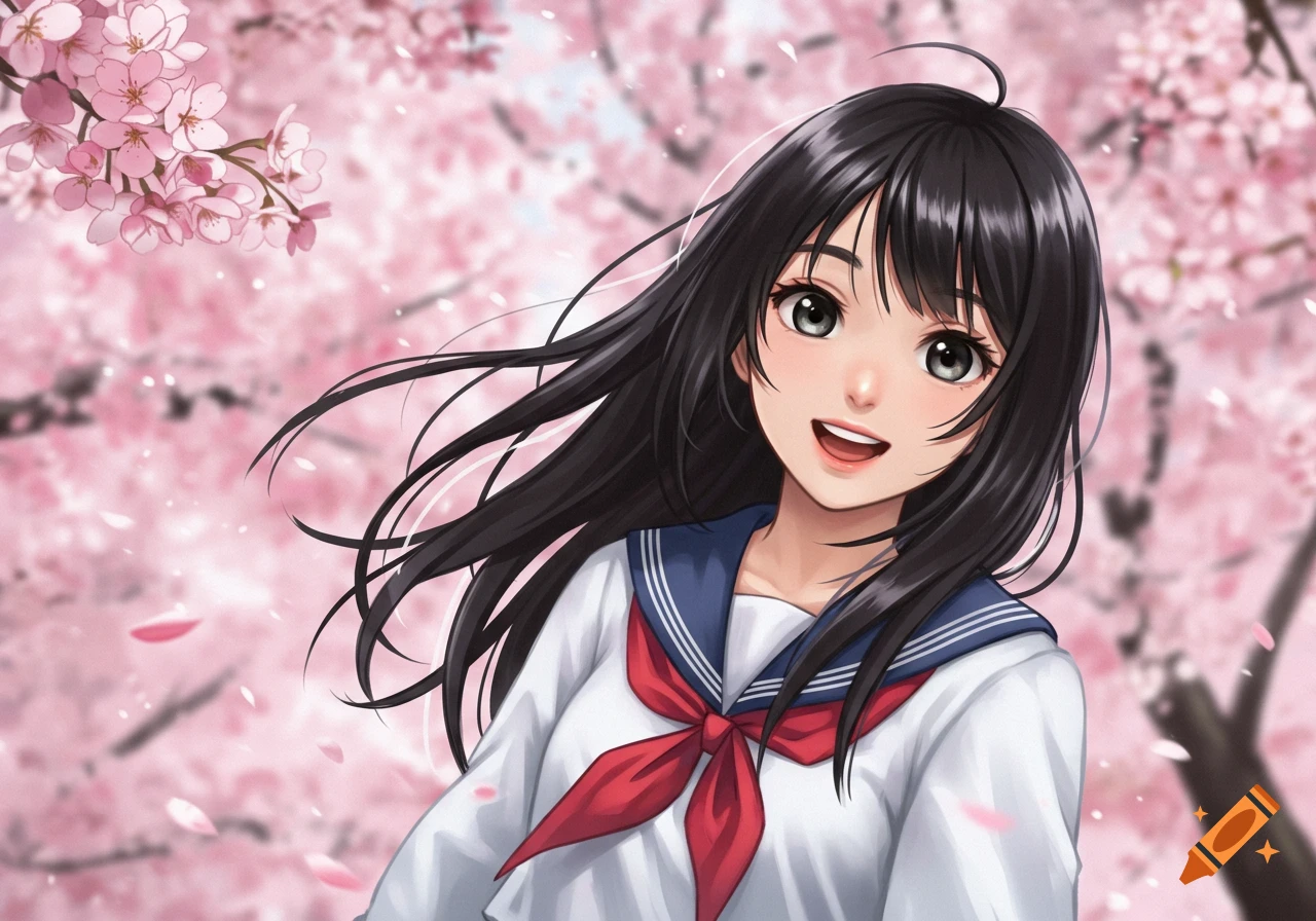 Anime girl in school uniform smiling under cherry blossoms.