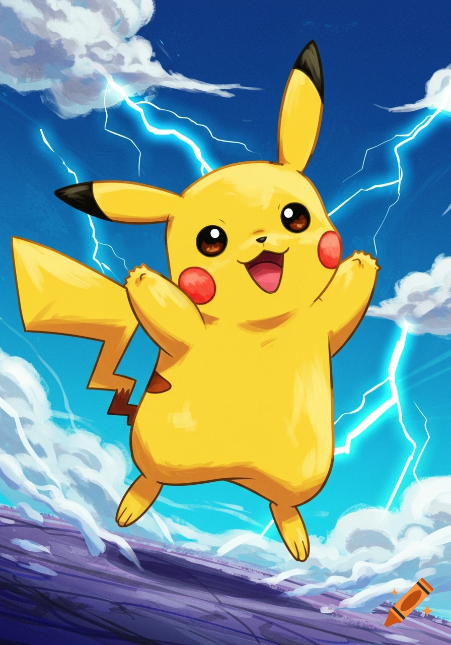 Illustration of Pikachu jumping happily with lightning and clouds.