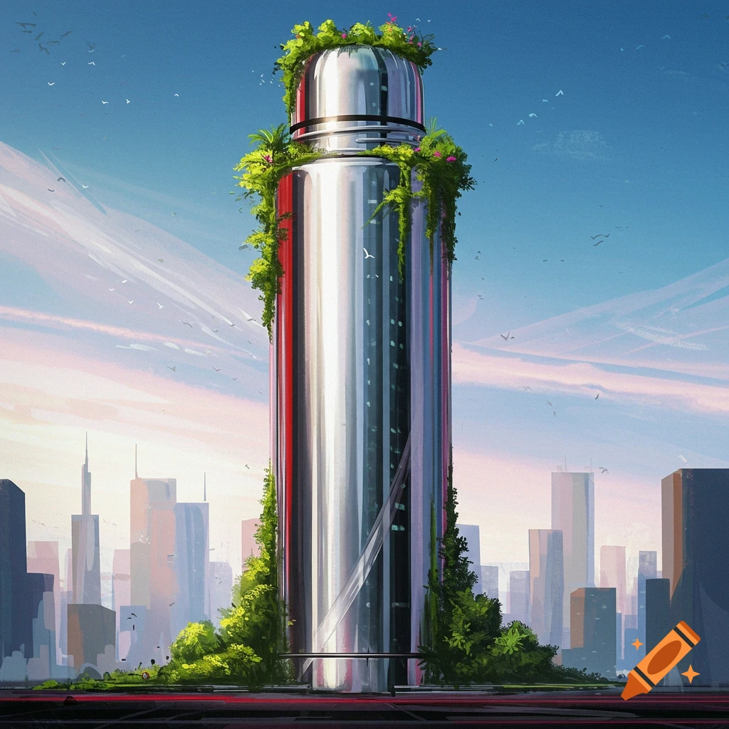 Large thermos bottle shaped building in a city skyline.