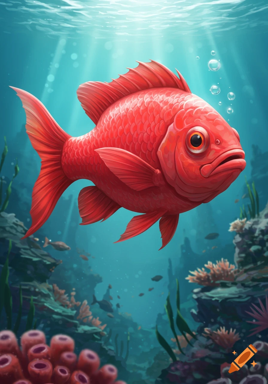 A vibrant red fish swims among coral and rocks underwater.