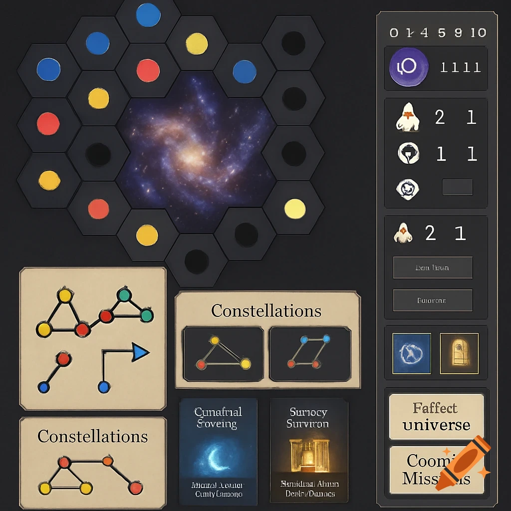 A space-themed board game layout with hexagonal tiles, a galaxy in the center, connecting lines, cards, and game symbols.