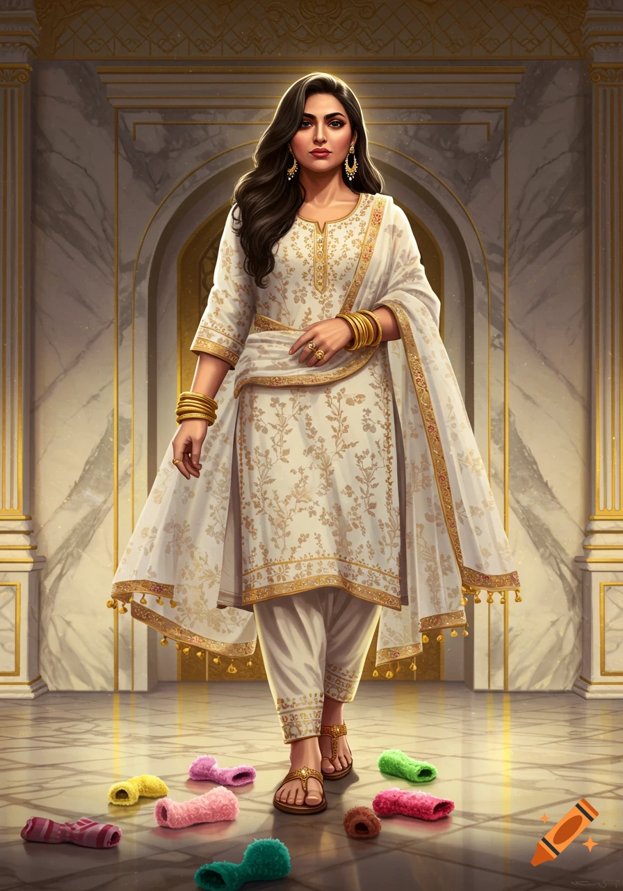 A fantasy queen in a white shalwar kameez standing in a palace with colorful socks on the floor.