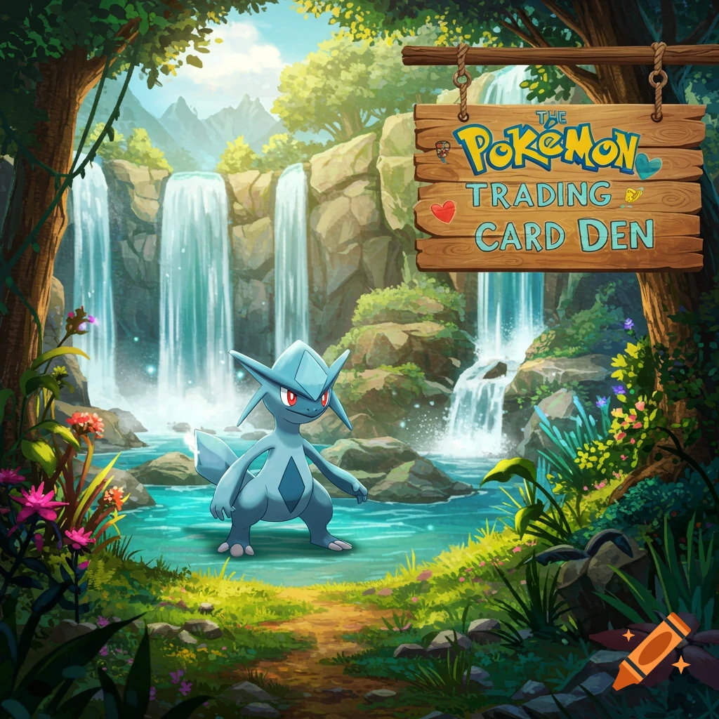 A blue Pokemon-like creature in a forest with waterfalls and a sign reading The Pokemon Trading Card Den.