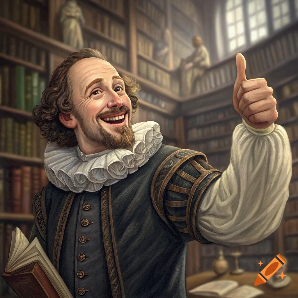 William Shakespeare in a library giving a thumbs-up on Craiyon